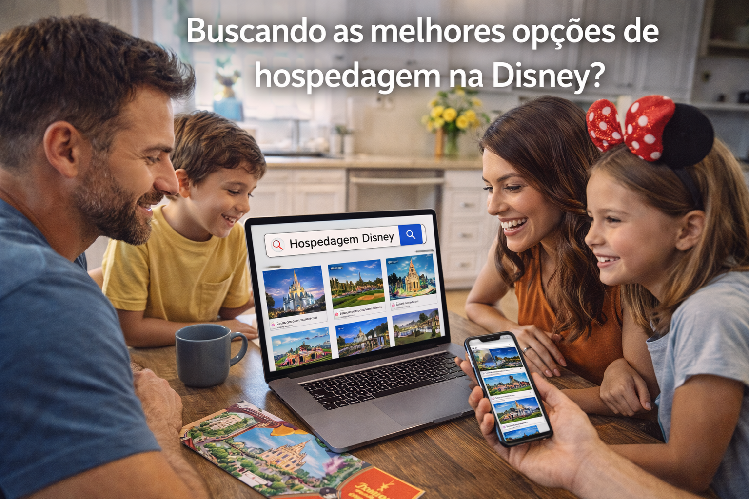 Família vendo opções de aluguel de casas em Orlando em notebook na cozinha 