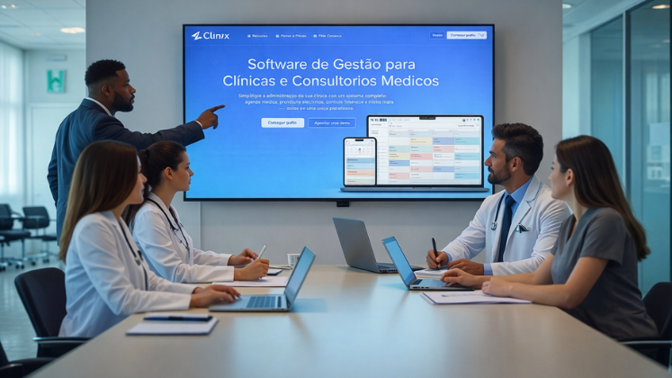 Equipe de clínica médica reunida em torno de grande tela com dashboard de software de gestão 