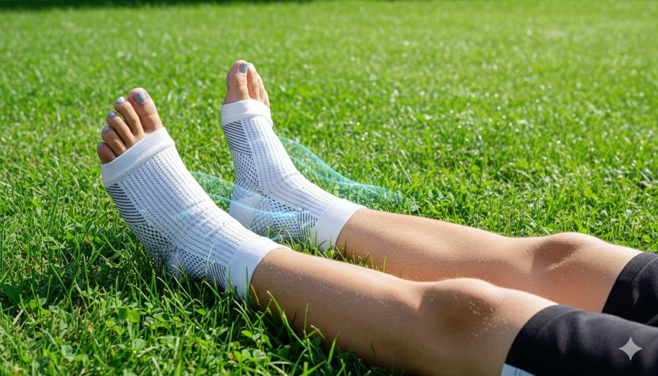 Casal sênior em academia usando meias de compressão nas pernas 