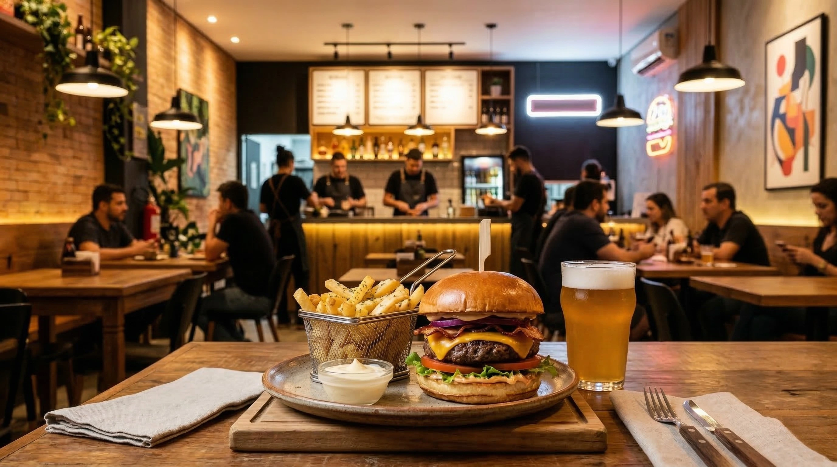 Empreendedor montando hambúrguer gourmet em cozinha de hamburgueria moderna 