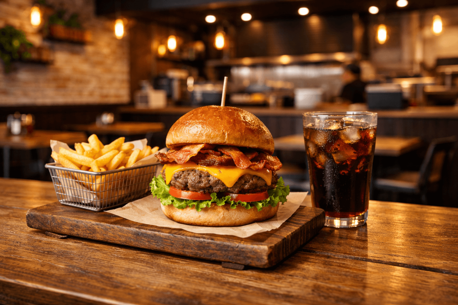 Cardápio de hamburgueria com cheeseburger, smash burger, batata frita e molhos