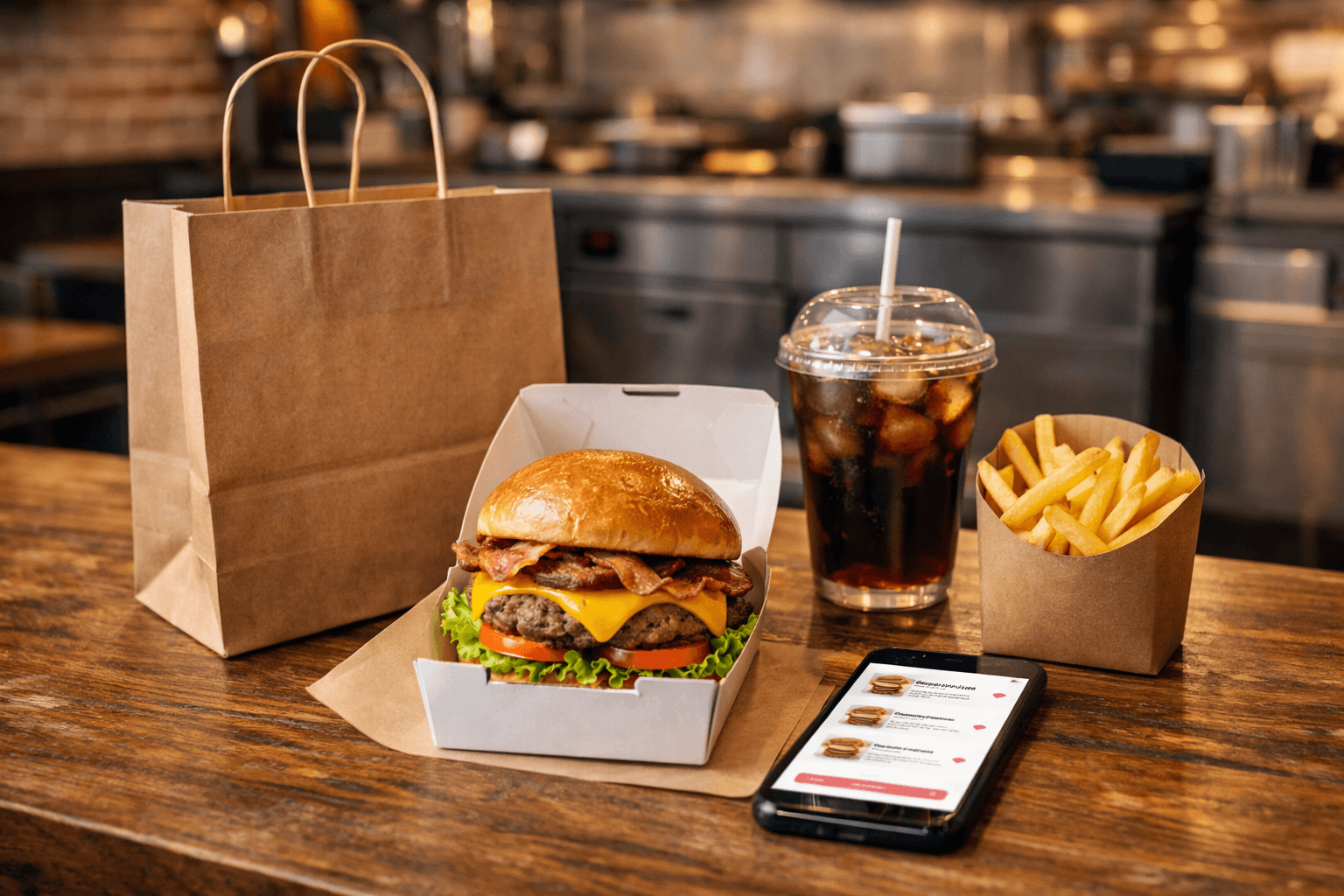 Pedido de hamburgueria pronto para delivery com embalagem organizada