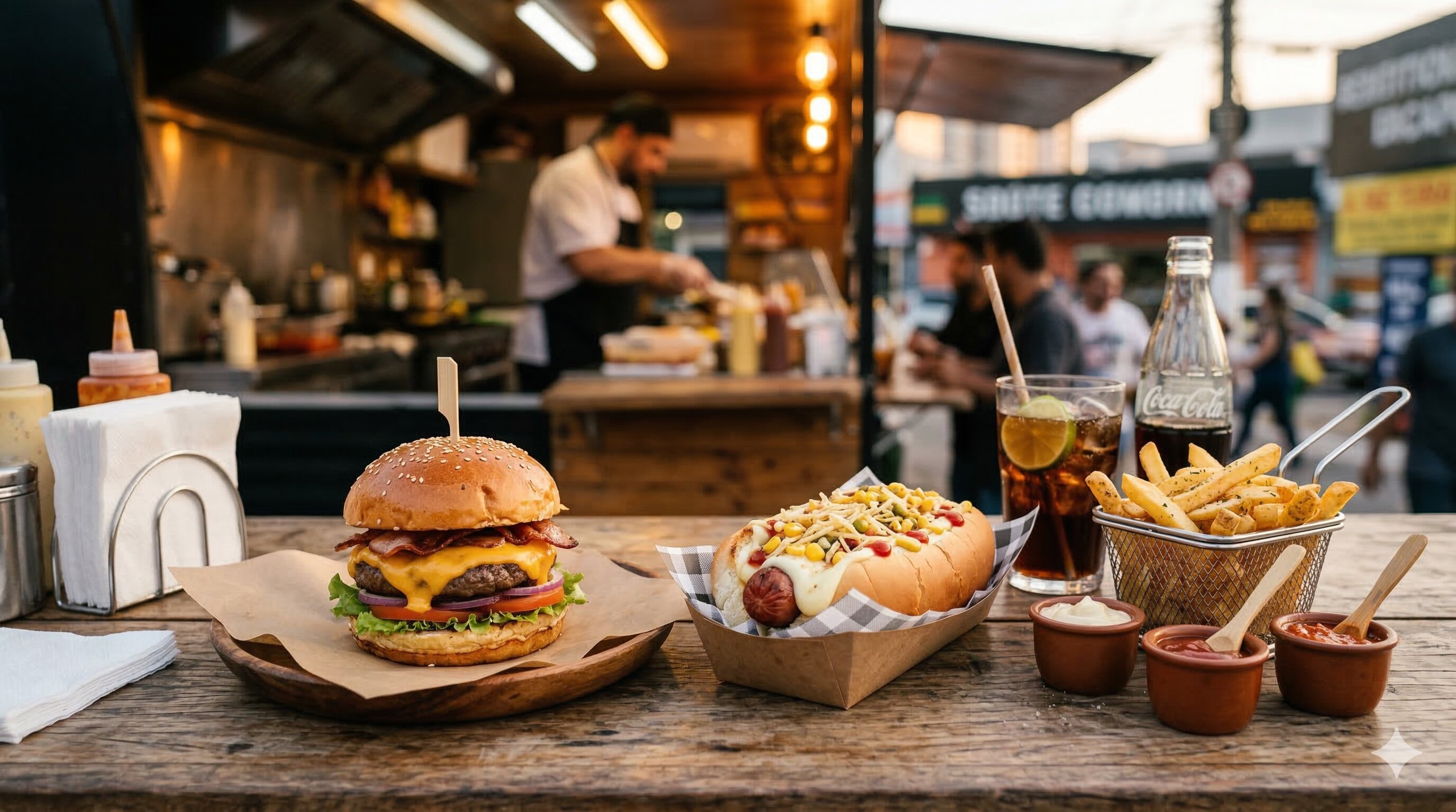 Cardápio de trailer de lanches com hambúrguer, cachorro-quente, batata frita e bebidas