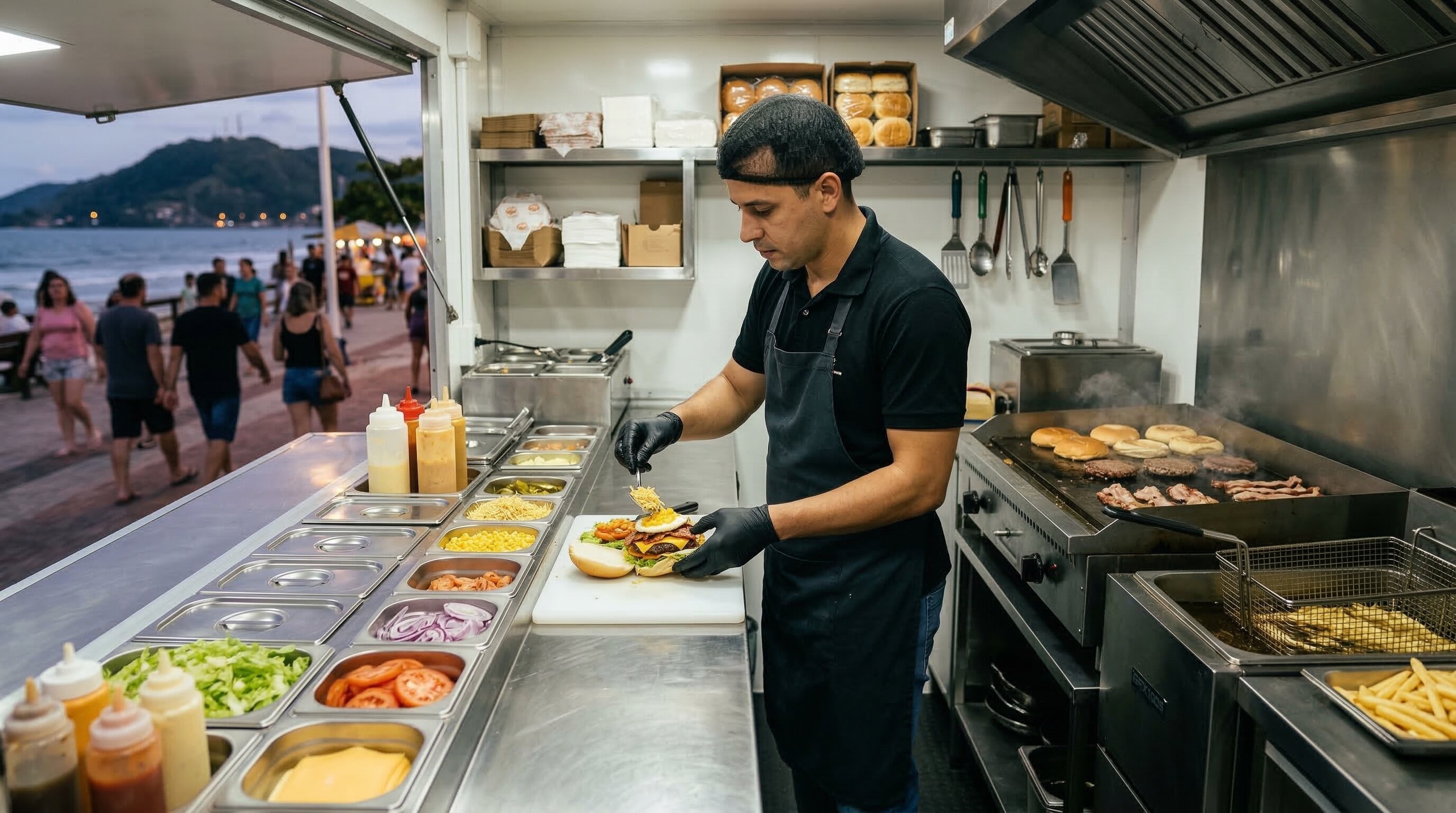 Interior organizado de trailer de lanches com bancada, equipamentos e fluxo de trabalho bem definido