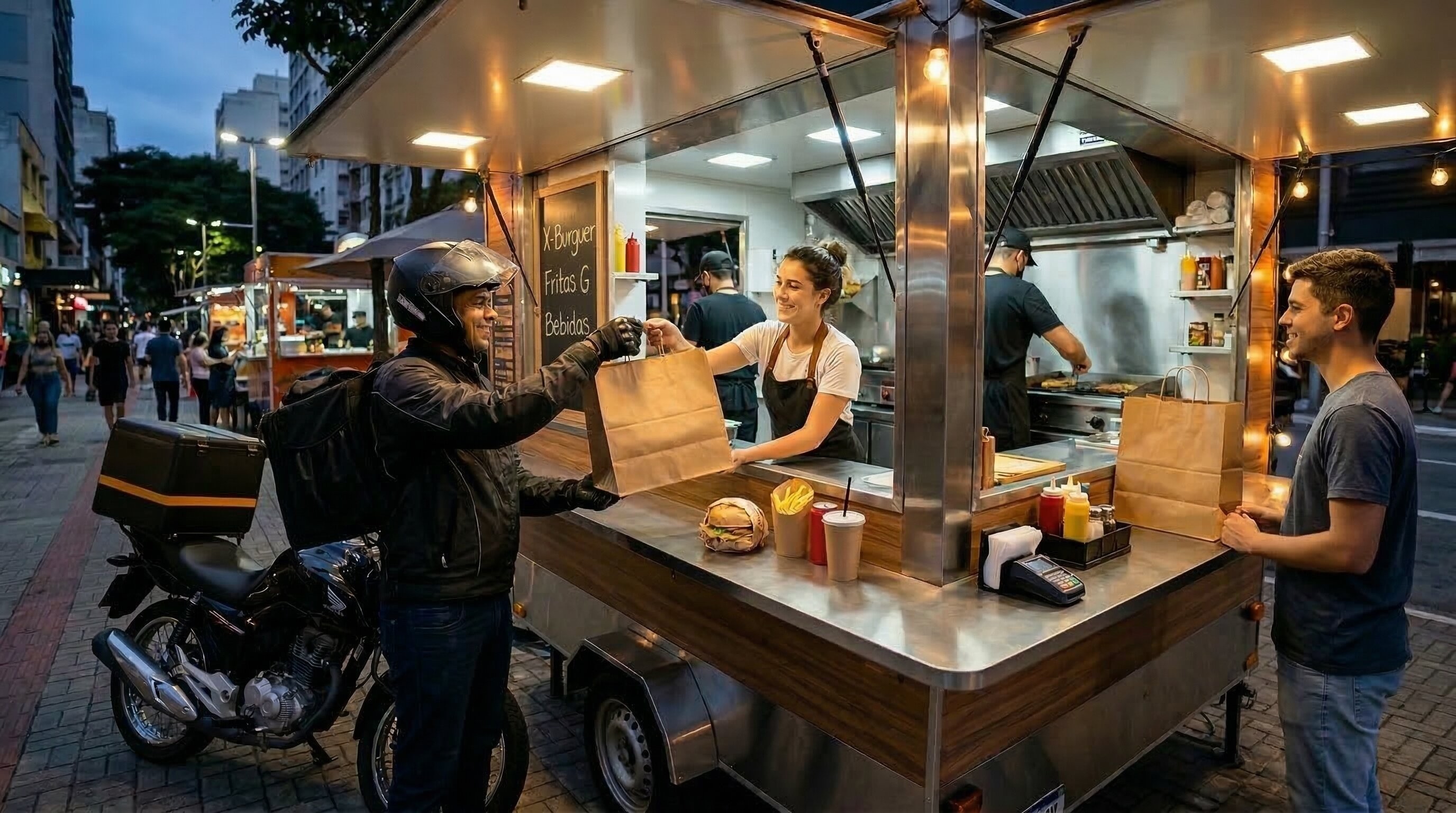 Trailer de lanches operando com retirada no balcão e pedido pronto para delivery