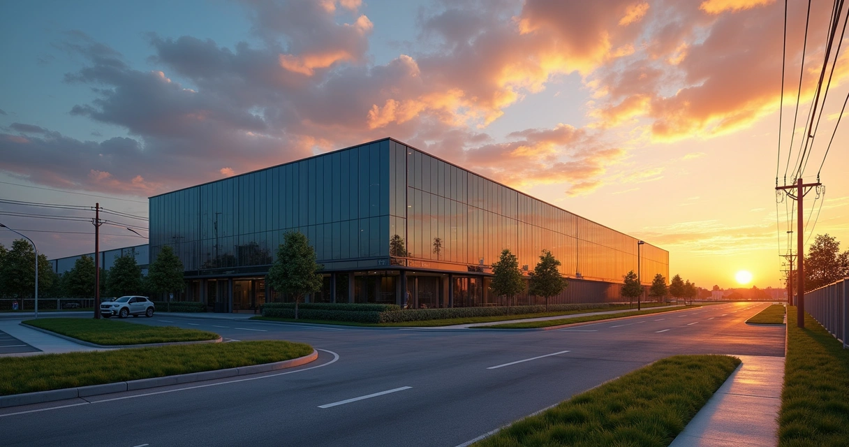 Vista de um Data Center no final da tarde com por do sol ao fundo