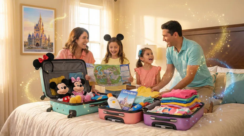 Família caminhando em parque de Orlando com pouca lotação pela manhã 