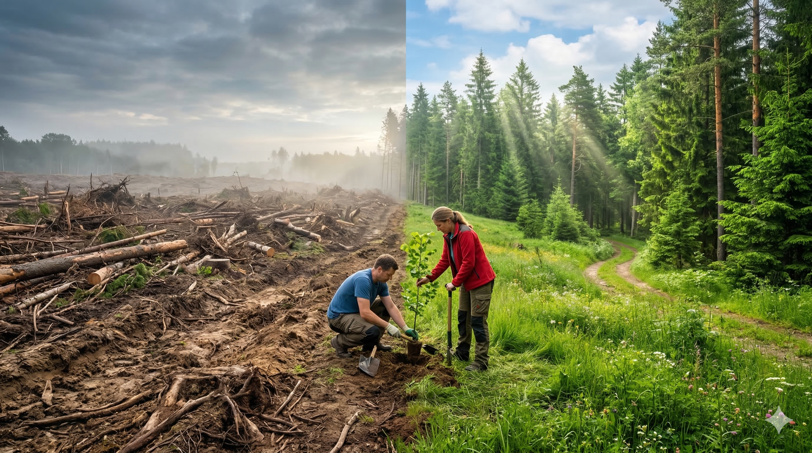 Imagem dividida: esquerda mostra desmatamento sombrio; direita, floresta vibrante com raios de sol. No centro da divisão, duas pessoas, uma de azul agachada e outra de vermelho em pé, plantam uma muda