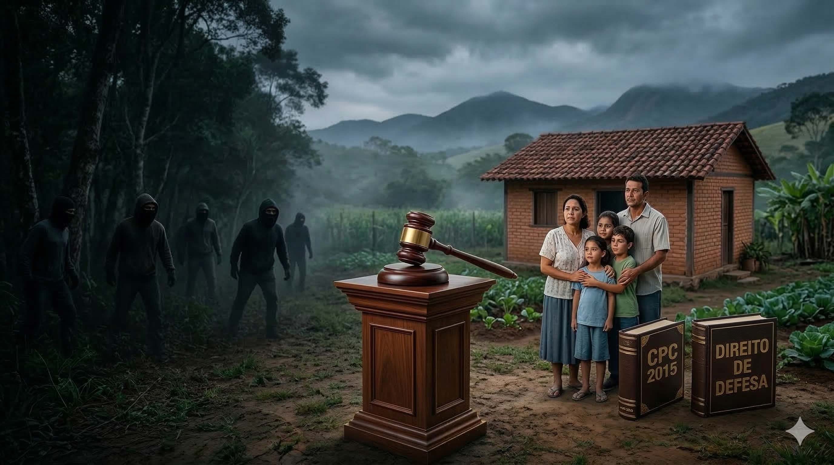 Imagem dividida: esquerda sombria com invasores encapuzados na floresta; direita com família camponesa e sua casa sob céu nublado. No centro, martelo de juiz sobre pedestal separa os lados.