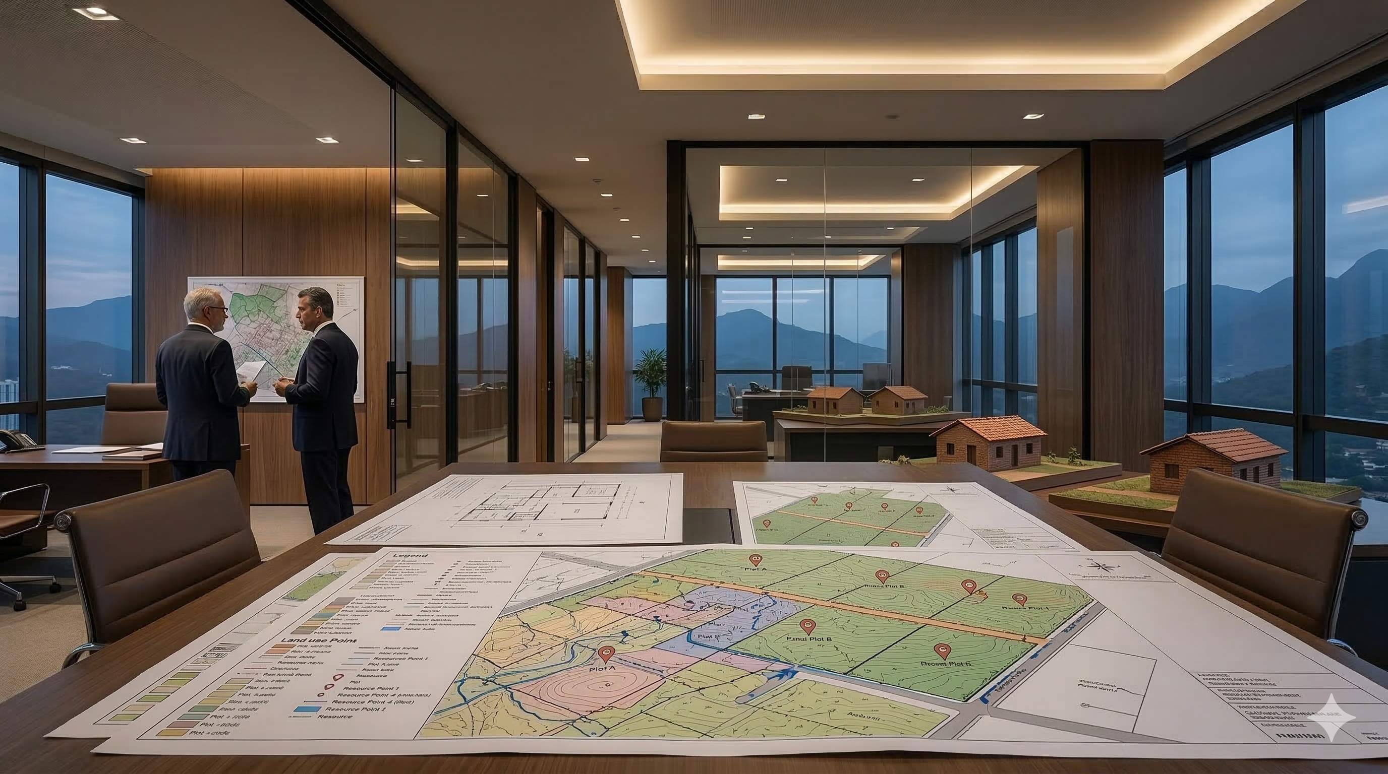 Escritório executivo com vista para montanhas. Sobre a mesa, mapas e plantas baixas. Ao fundo, dois homens de terno conversam ao lado de um quadro e maquetes de casas.