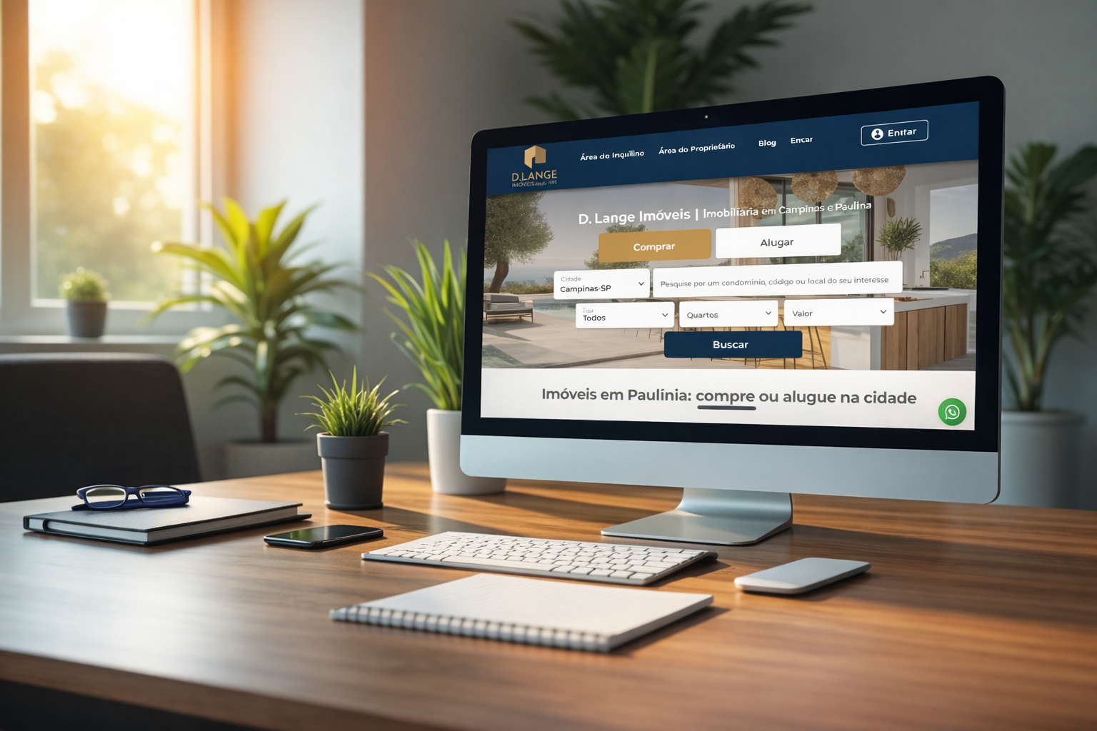 Fachada ampla de imobiliária iluminada em avenida urbana de Campinas à noite 