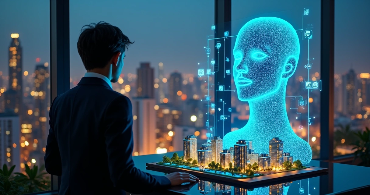 Corretor imobiliário vendo uma de uma cidade 3d com uma figura de ia sobre a cidade