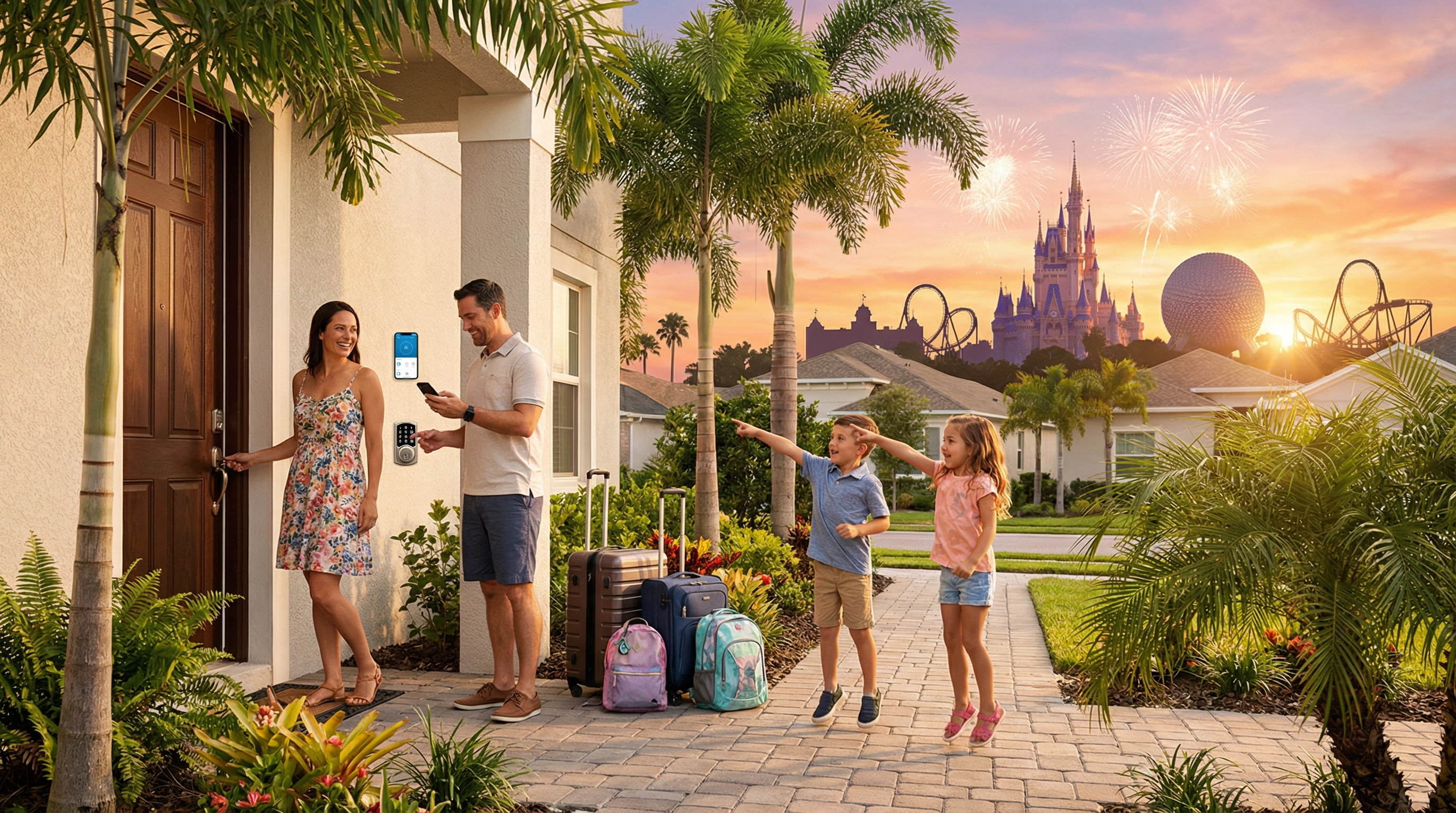 Viajantes usando código digital para entrar em casa de temporada em Orlando 