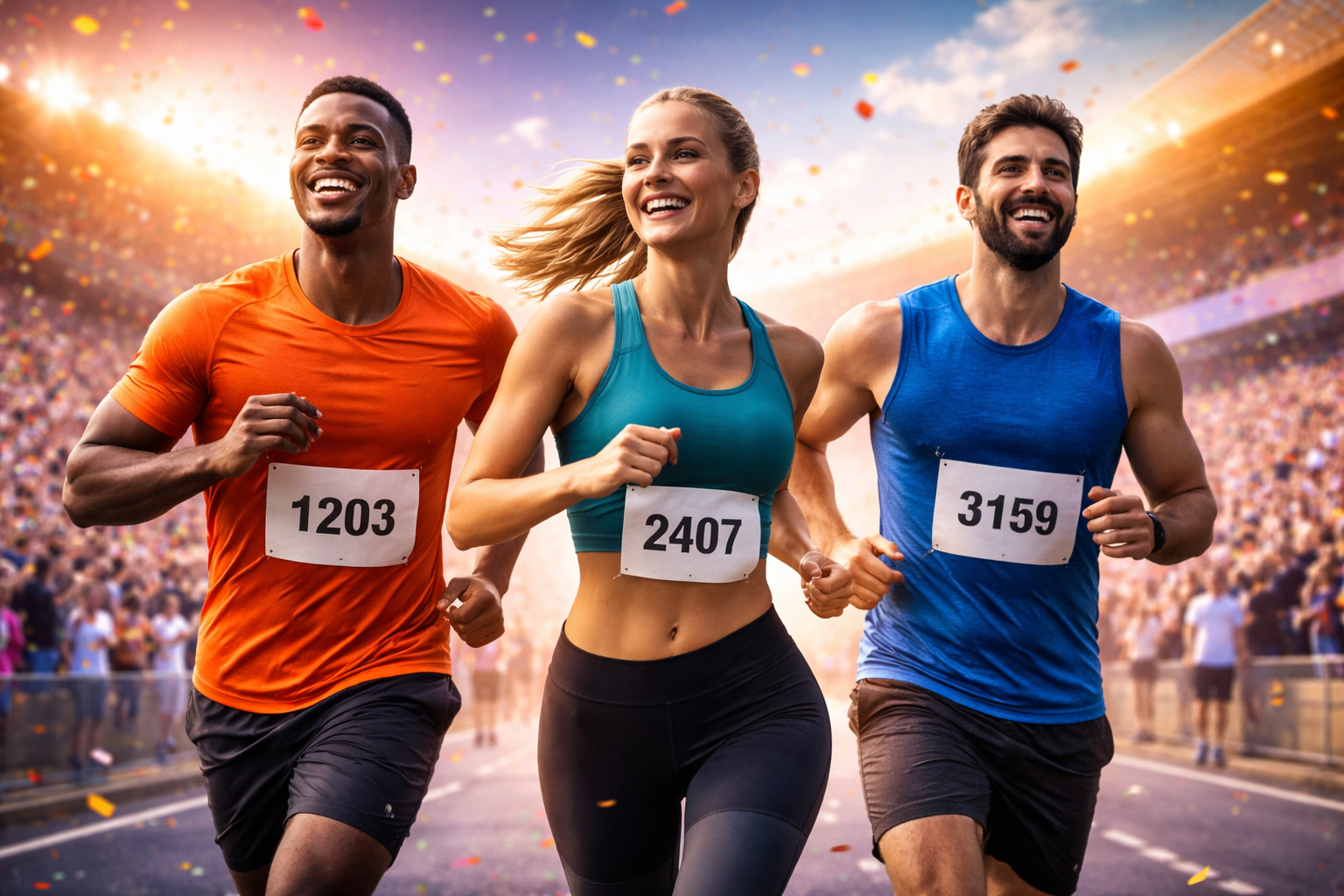 Atleta passando por portal digital de corrida com hologramas de tecnologia e comunidade em volta 