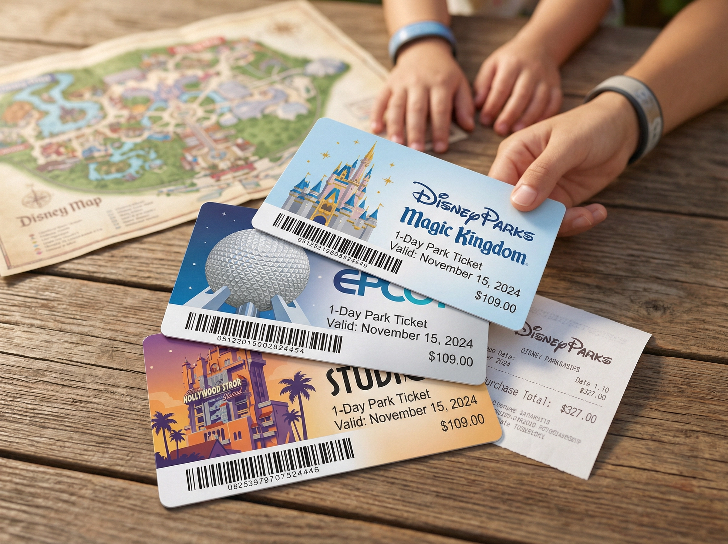 Família brasileira chegando à tarde em parque temático de Orlando com sol baixo 