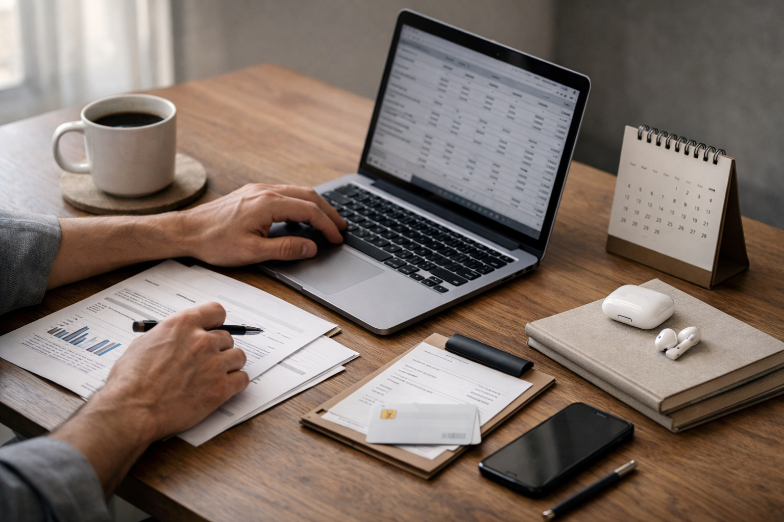 Pessoa trabalhando em laptop com cachorro ao lado em mesa clara iluminada por janela