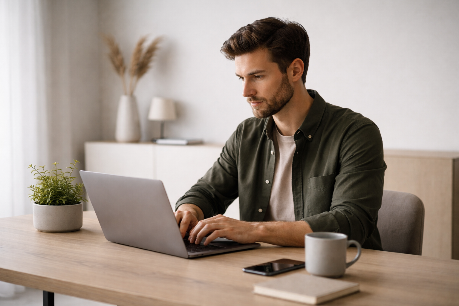 Mulher sorrindo recebendo lambida de cachorro ao lado de mesa com laptop e materiais de trabalho