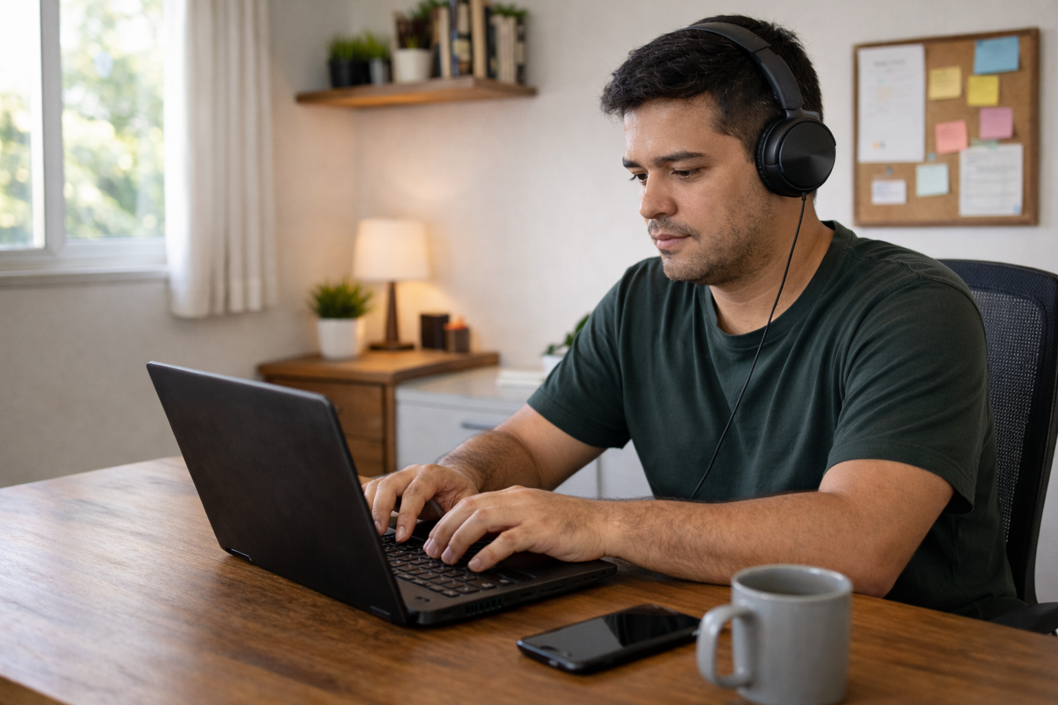 Mulher sorrindo recebendo lambida de cachorro ao lado de mesa com laptop e materiais de trabalho