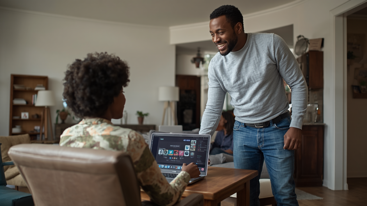 Profissional 50 mais usando notebook e smartphone com vários ícones de ferramentas digitais na tela 