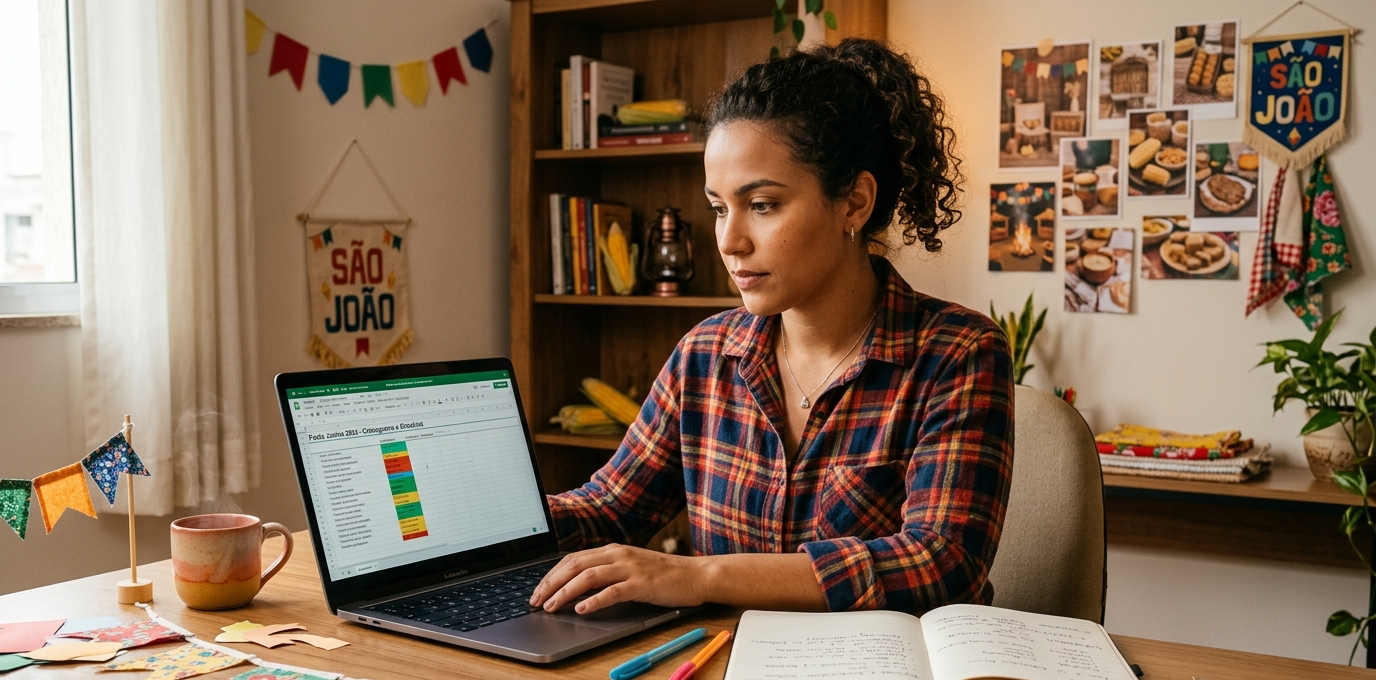Organizadora cria campanha digital de festa junina em mesa com notebook e filtros temáticos 