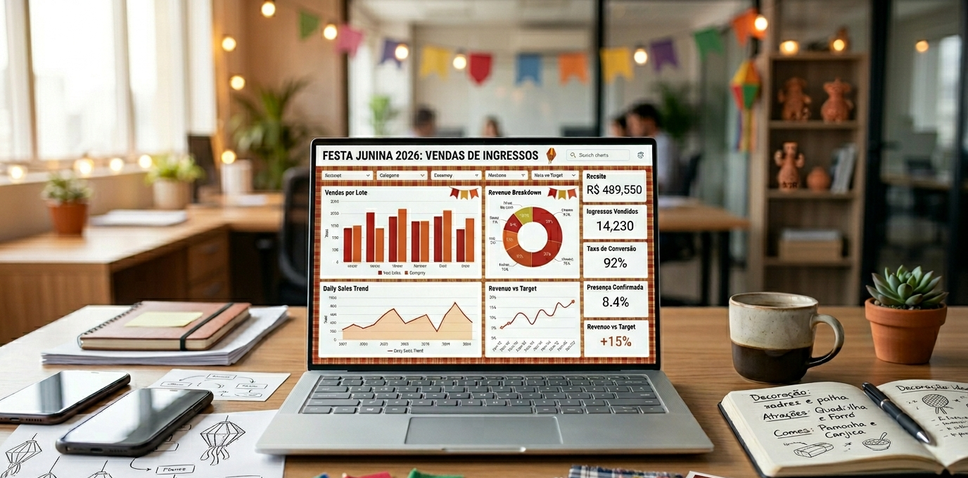 Casal analisa vendas antecipadas de festa junina em laptop com painéis de gráficos 