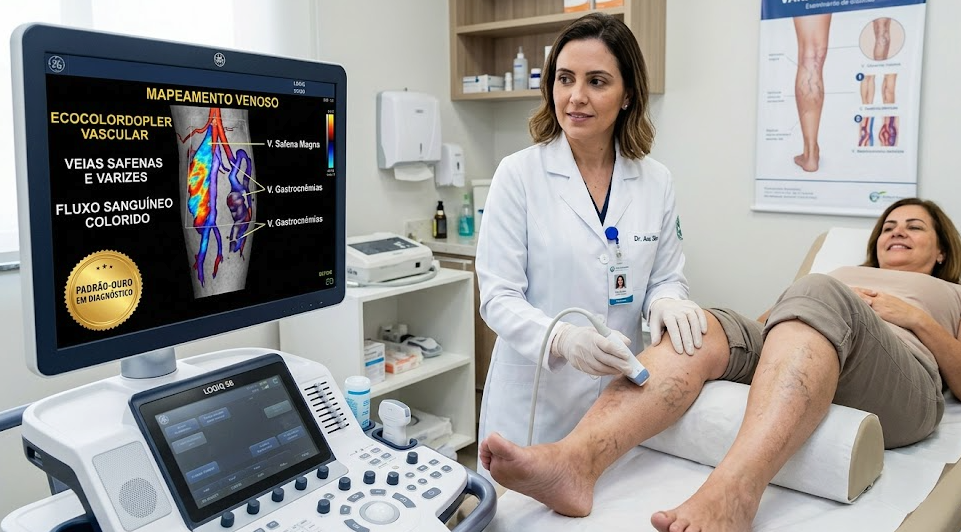 Cirurgião vascular realizando ecocolordoppler vascular na perna de paciente em sala clara 