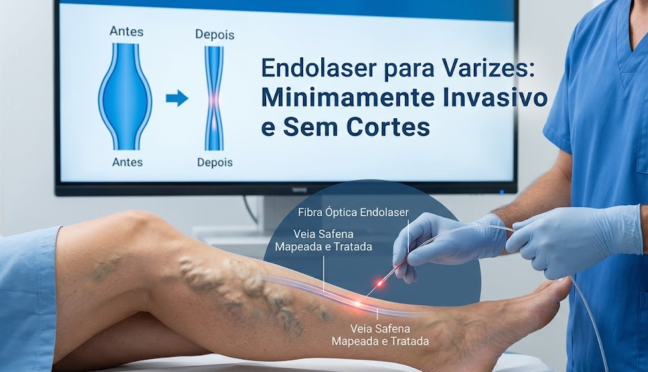 Médico aplicando endolaser em veia safena de paciente em sala cirúrgica moderna 