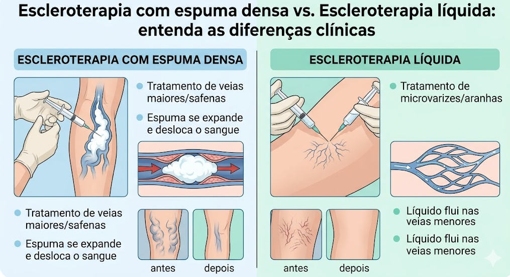 Médico vascular mostrando quadro comparativo de escleroterapia com espuma densa e líquida 