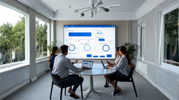 Equipe em mesa de reunião analisando cartões de convênio médico e painel digital da clínica 