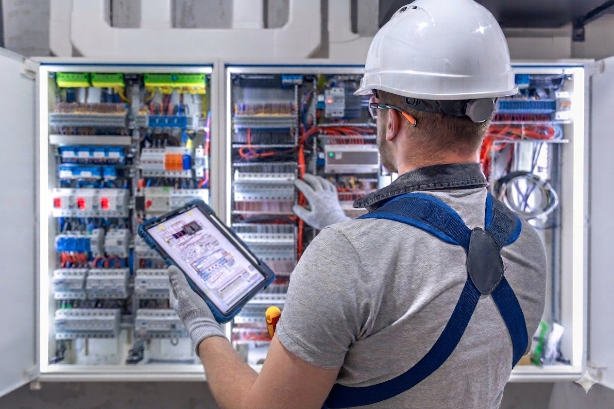 Complexo industrial noturno com painel digital exibindo megabateria BESS em destaque 