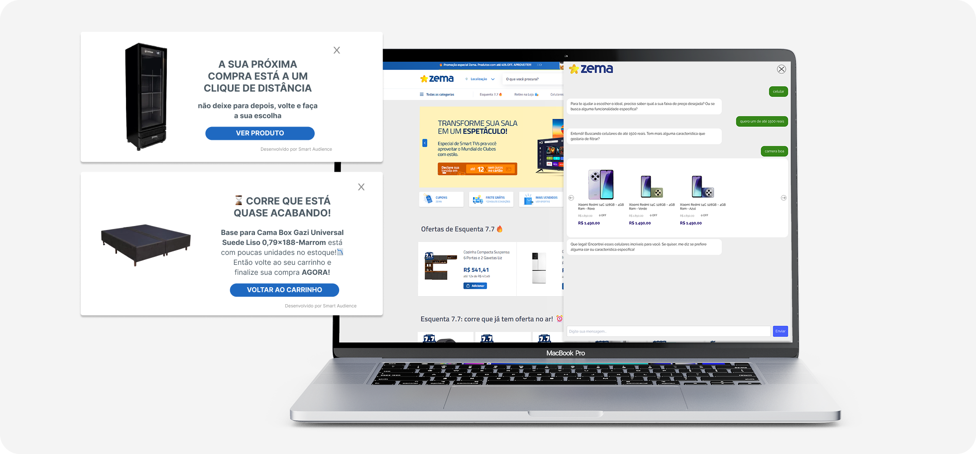 Cidade estilizada com prédio da Zema conectado a núvem de dados e ícones de vendas crescentes 