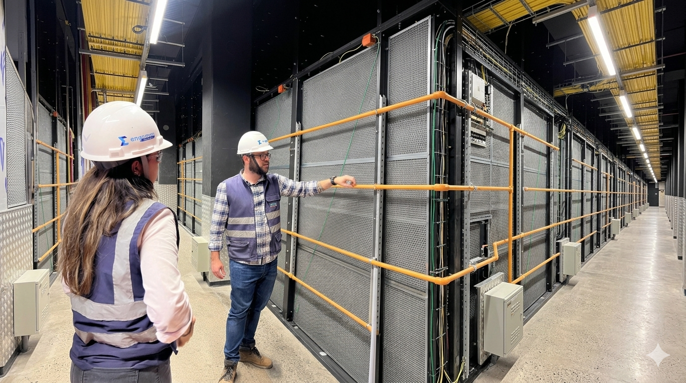 Engenheiro analisando planta de infraestrutura de data center com sobreposição digital 