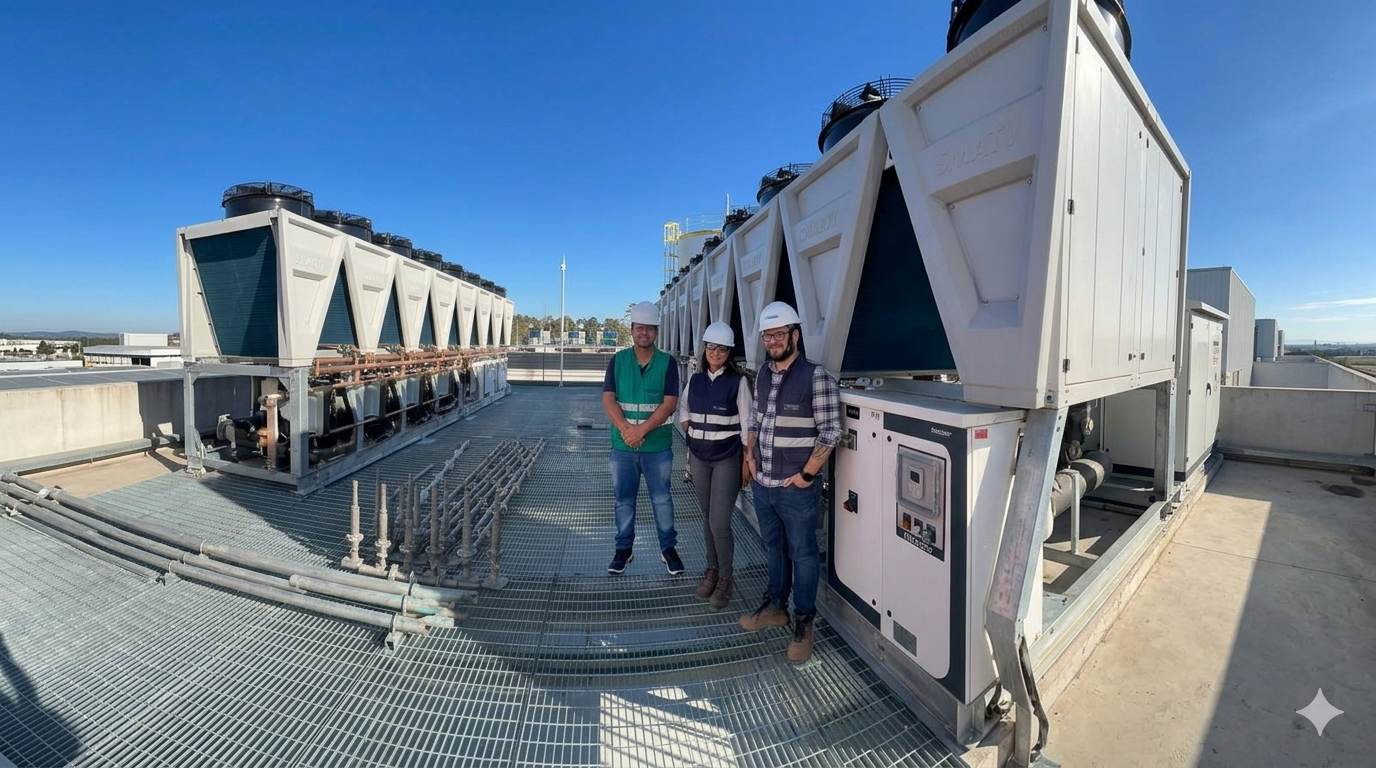 Corredor de data center moderno com gráficos de crescimento e ícones de IA sobrepostos 
