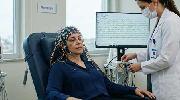 Adulto realizando eletroencefalograma deitado em maca em sala de exame neurológico 