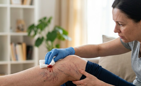 Angiologista examinando telangiectasias que sangram no nariz de paciente 