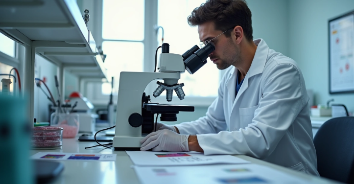 Hematologista preparando material para biópsia de medula óssea em sala de exame 