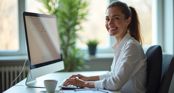 Mulher organizando mesa de trabalho em escritório moderno após tratamento ginecológico 