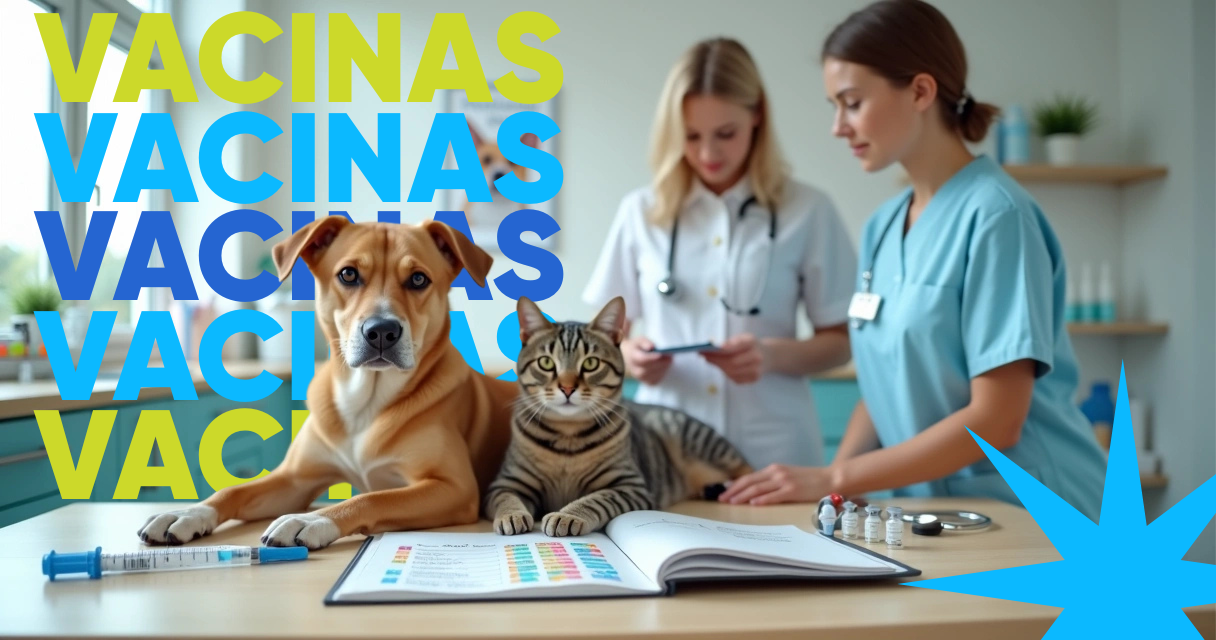 Cão e gato sentados em mesa de consulta ao lado de caderneta de vacinação aberta 
