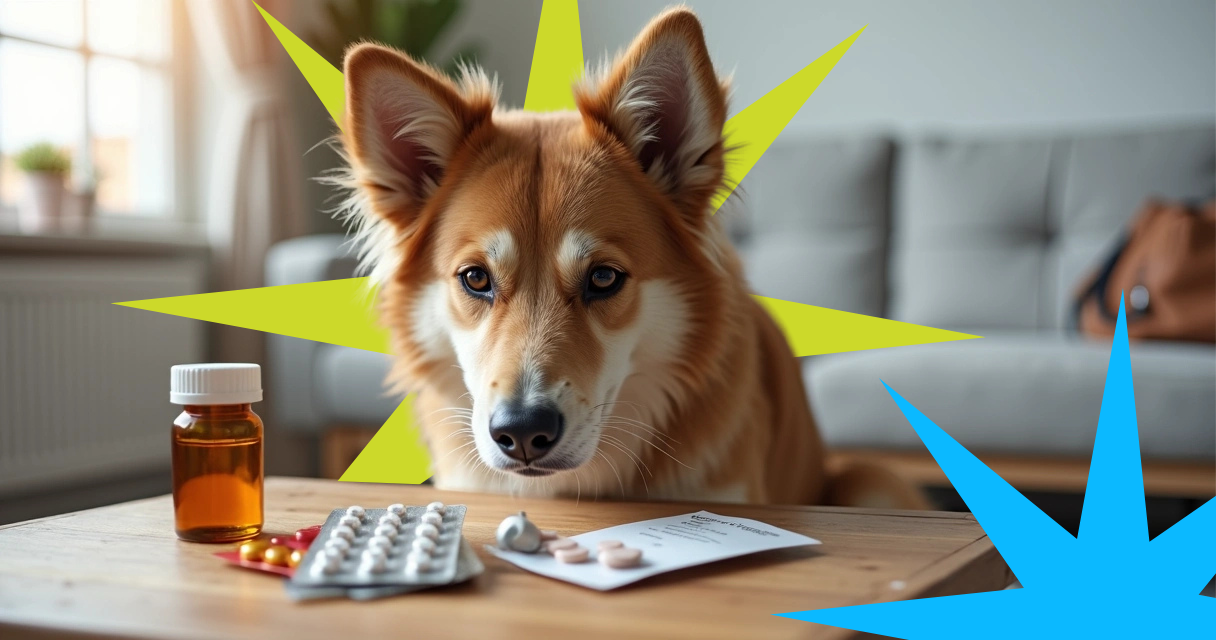Cachorro curioso cheirando cartela de comprimidos humanos sobre a mesa 