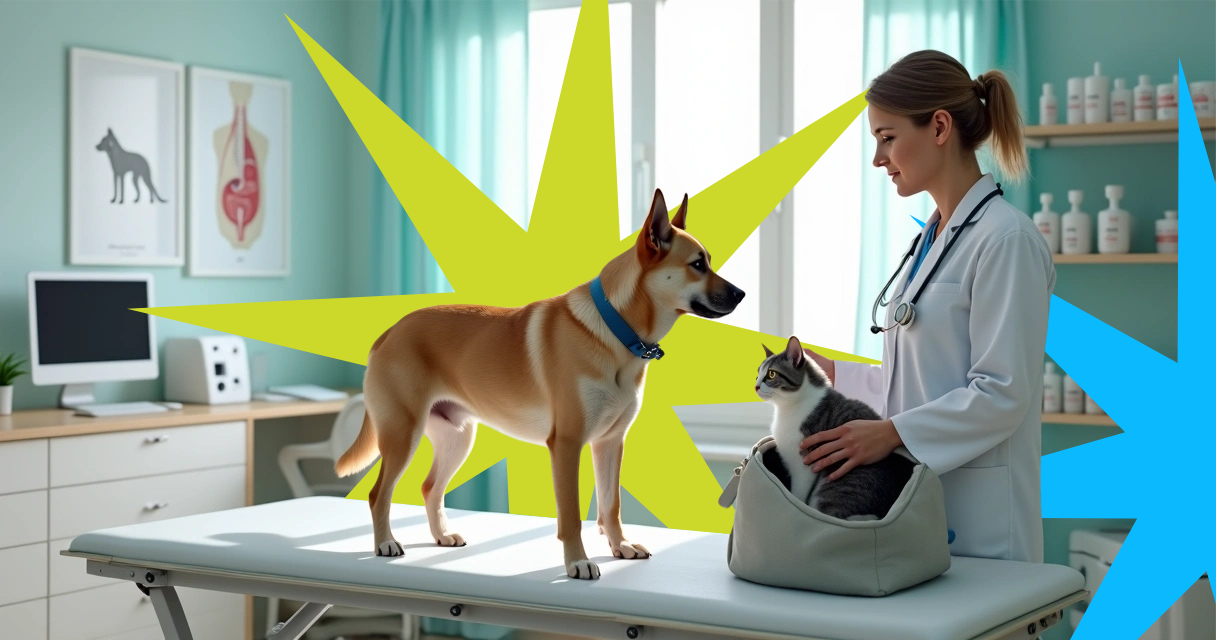 Veterinária examinando cão enquanto gata observa em sala de atendimento acolhedora 