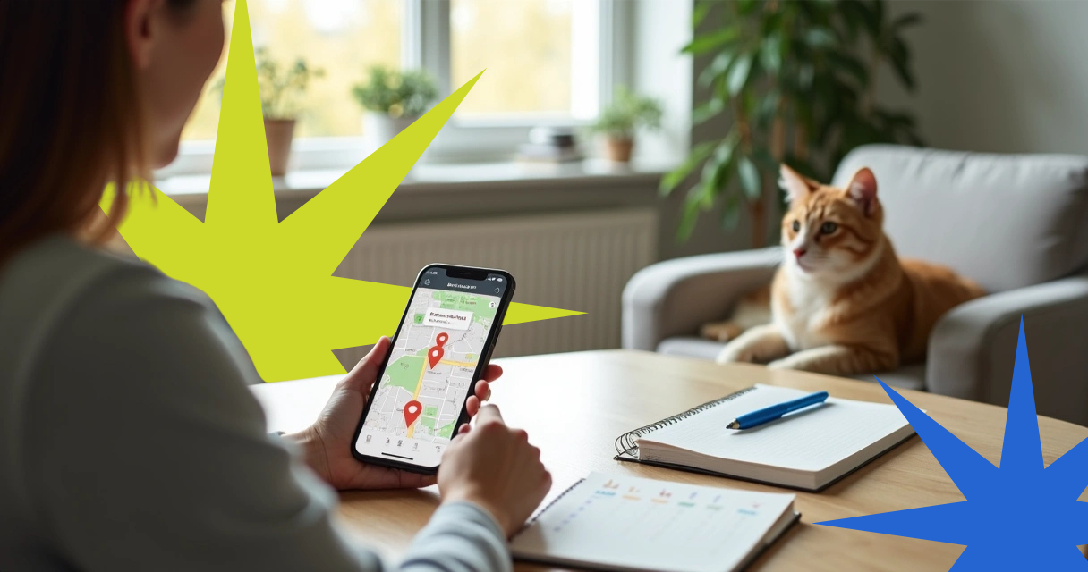 Tutor analisa opções de clínica veterinária no celular enquanto cão e gato descansam ao lado 