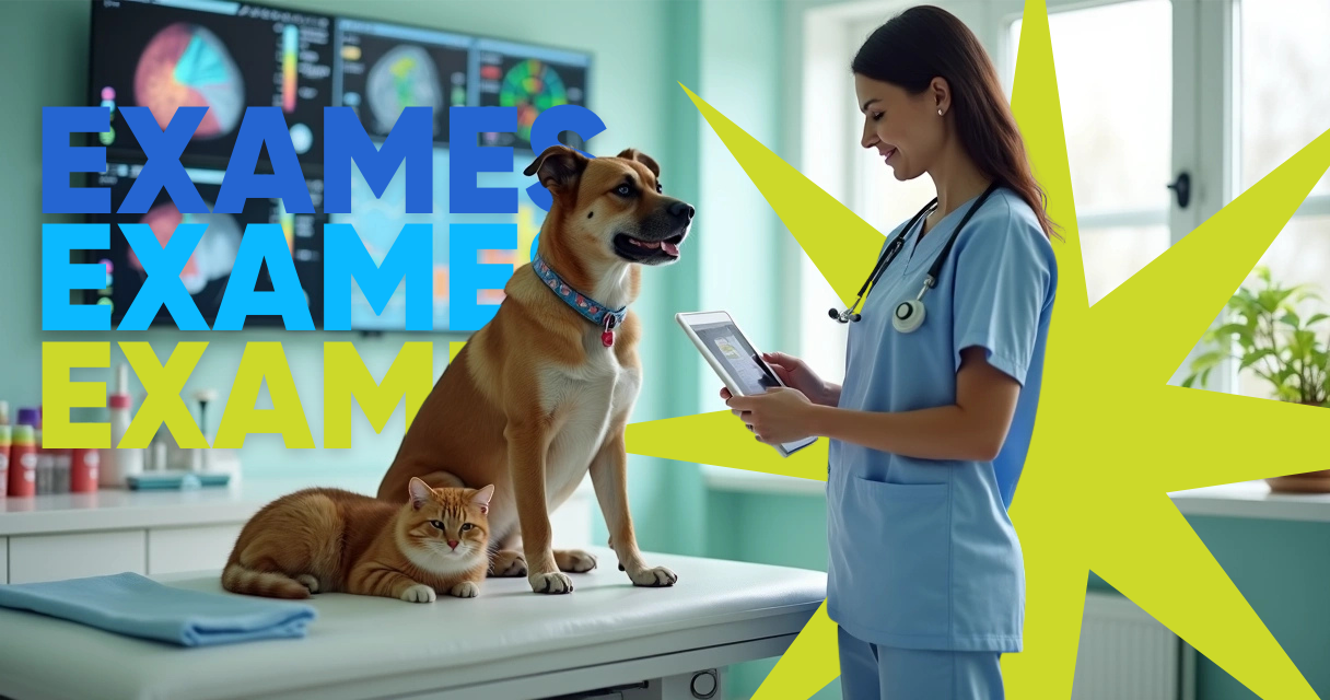 Cachorro e gato em mesa de exame enquanto veterinária observa resultados de exames em tablet 