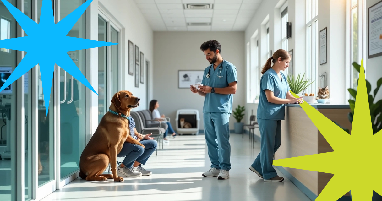Corredor de clínica veterinária moderna com cães e gatos e equipe acolhedora 