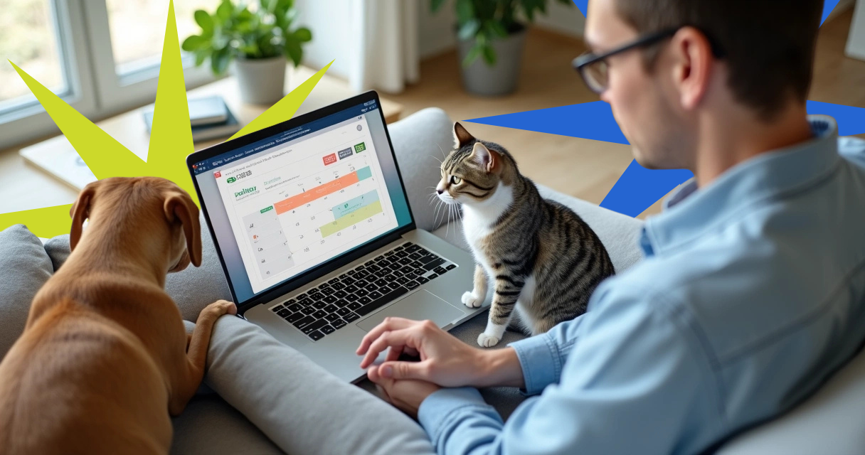 Tutor marca consulta veterinária pelo notebook com cachorro e gato ao lado no sofá 