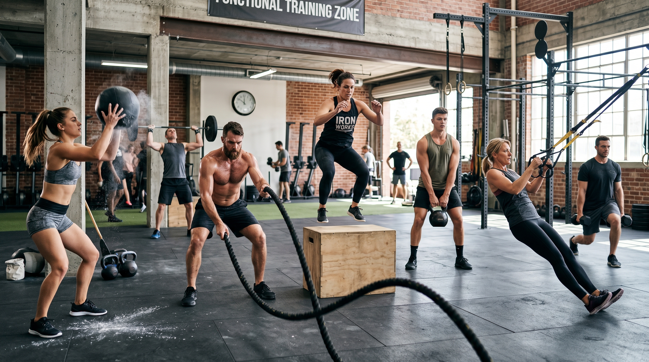 Grupo treinando crossover de modalidades com musculação, funcional e cardio no mesmo espaço 