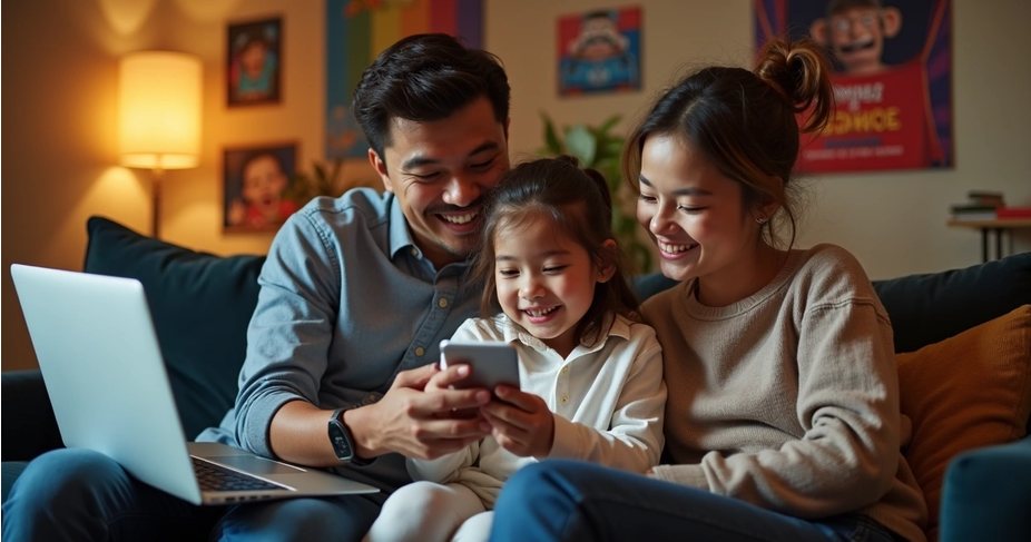 Família usando tablet para comprar ingressos de teatro escolar em casa 