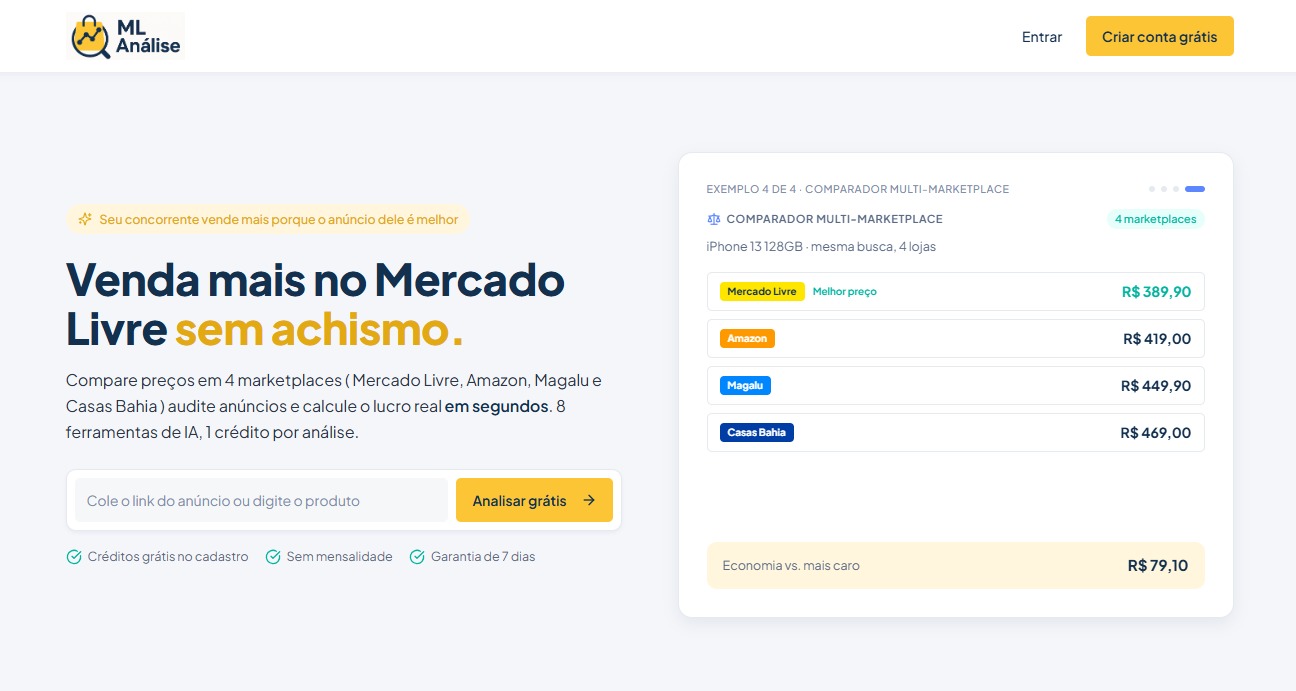 Vendedor analisando painel de IA com dados de anúncios em marketplaces 