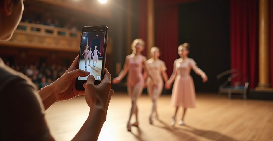 Bailarinas em palco escuro rodeadas por telas de redes sociais e ingressos digitais flutuando 