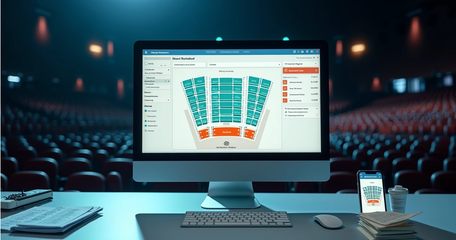 Pai em hall de teatro compra ingressos digitais enquanto grupo de alunas de ballet aquece ao fundo 
