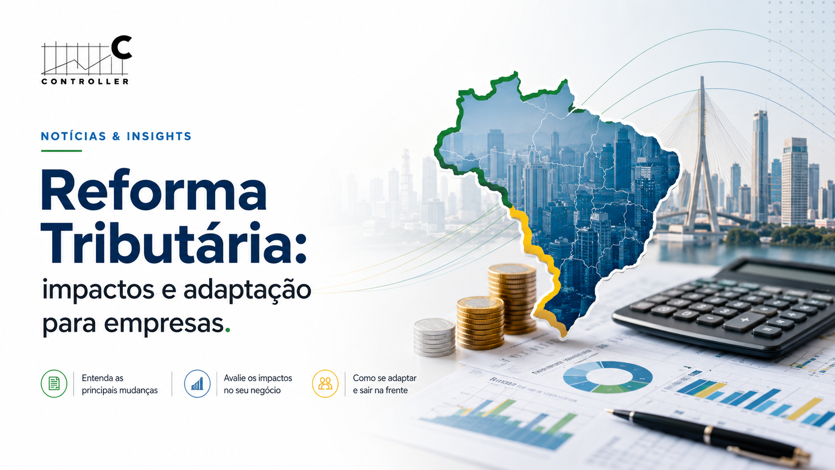 Prédios empresariais sobre plataforma em camadas representando reforma tributária 
